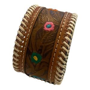 NWT Justin's Unisex Genuine Leather Brown Cuff Bracelet with Embroidered Flowers